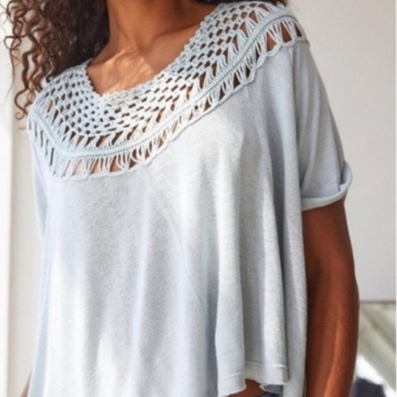 We The Free Tops - We The Free Collette Tee Crochet Yoke Short Sleeve Flowy Crop Top L